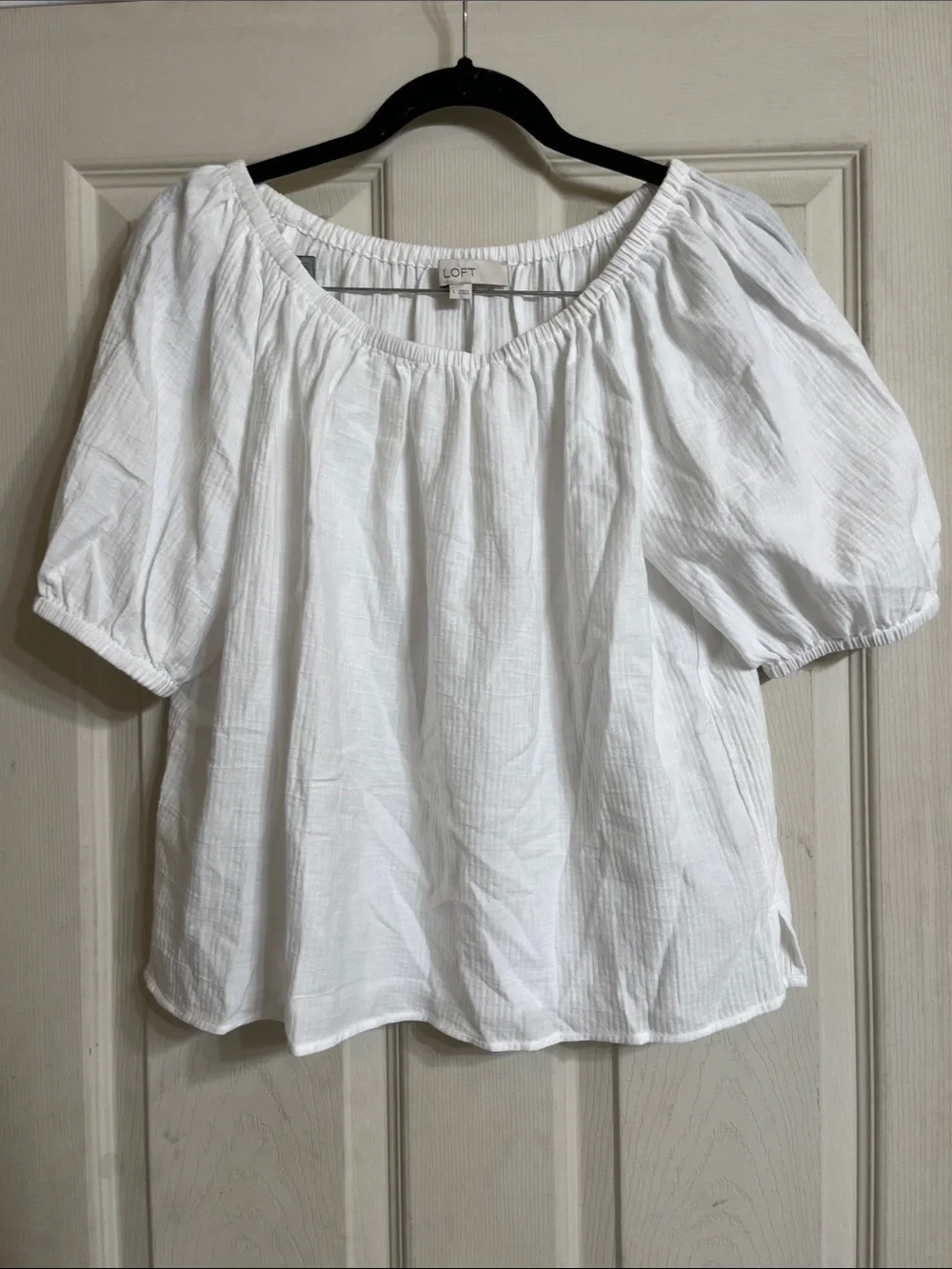 LOFT White Cotton Peasant Top with Elastic Neckline